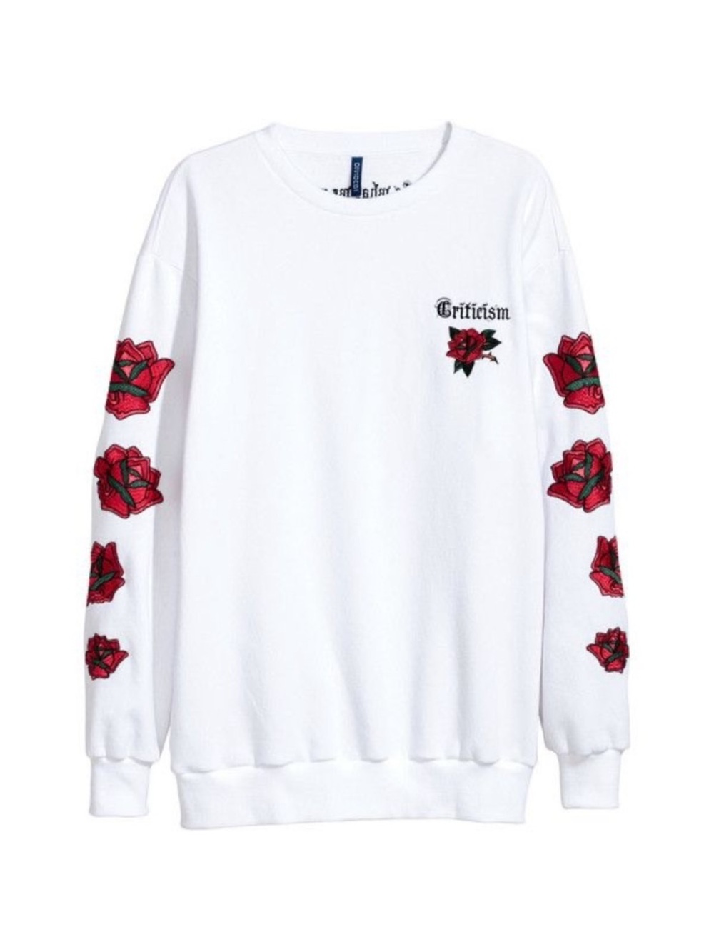 H&M White Rose Embroidered Graphic Sweatshirt “Criticism Is What We Need” XL